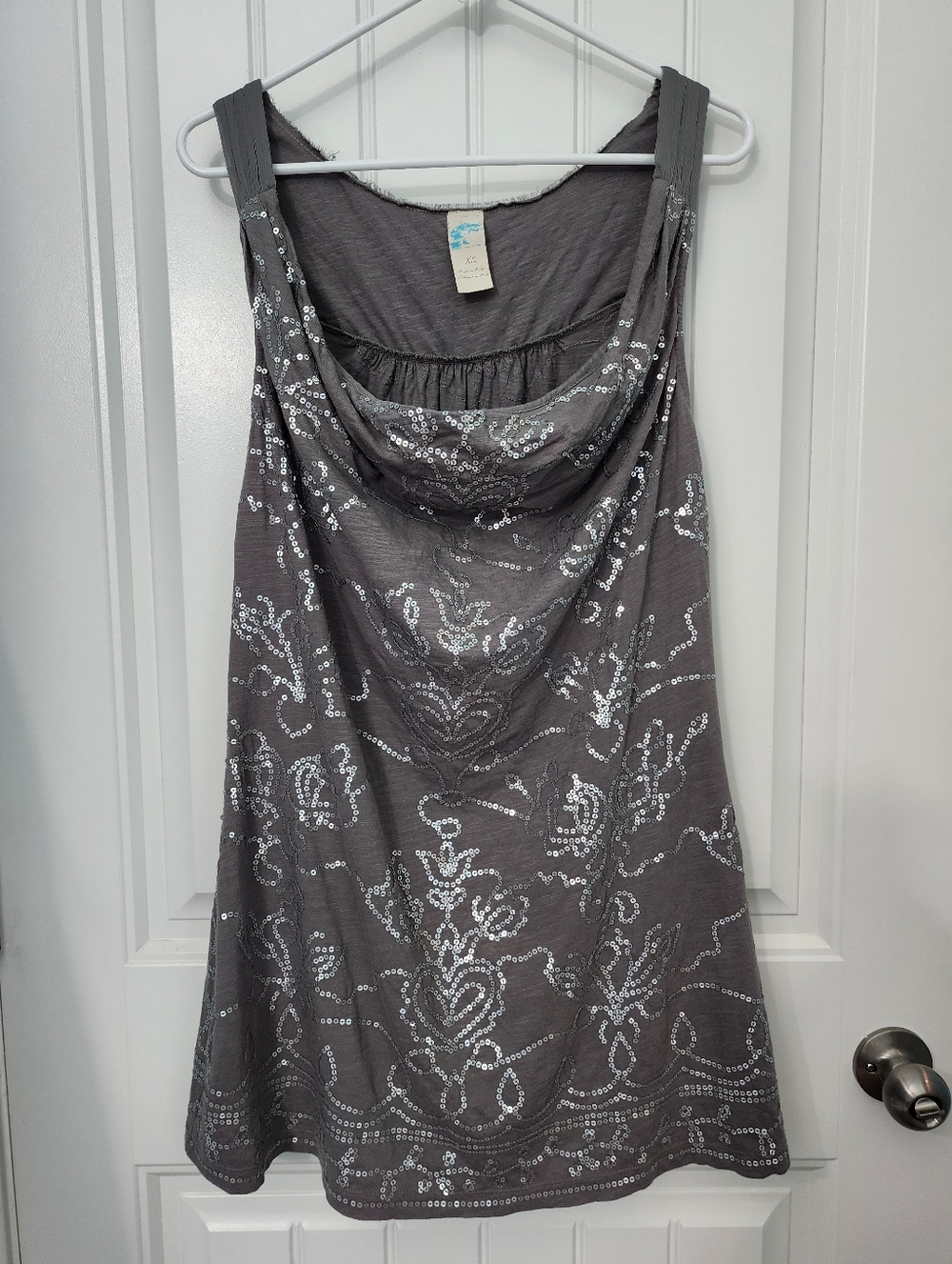 Anthropologie Women's C. Keer Cowl Neck Sequin Top in Gray, Size XL